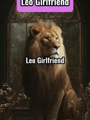 A digitally enhanced image featuring a majestic lion with a lush mane. The lion appears to be in a regal pose, possibly sitting or standing, with a detailed texture, and an image frame set against a window background. The upper area is a text overlay on the purple-colored bar that reads "Leo Girlfriend".