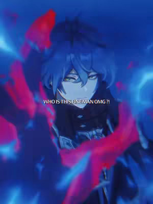 An anime-style character with blue hair and green eyes is centered in the image, with a overlay text at the bottom. The background is a mix of blue and red hues, creating a visually dynamic effect. The overall composition is stylized and artistic, with a focus on the character and the color-based background.