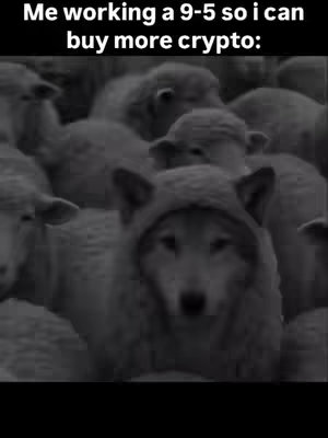 A grayscale image showing a wolf in a sheep's clothing surrounded by many sheep. Text at the top reads: 'Me working a 9-5 so i can buy more crypto:'