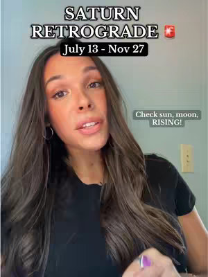 A young woman with long brown hair looks towards the camera. Text overlays at various points in the image that are related to astrology, The background consists of a plain walls. A light switch is next to her head.
