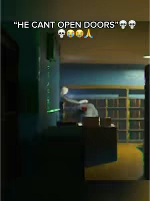 The image is a still from a horror game. A white-bodied, faceless figure with a red spot on the torso is reaching for something next to a tall dark structure, which is presumably a door. The scene is in a dim environment that appears to be a library. On the wall there is a green light vertical column. Above the game scene, text overlay states: “HE CANT OPEN DOORS”. The whole image conveys a sense of suspense and fear.