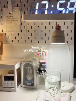 A well-lit, aesthetically pleasing workspace setup. The image features a white pegboard wall with evenly spaced holes, a digital clock showing 17:59, and a flexible desk lamp. On the desk, there's a 'Miffy' bunny-shaped pen holder, clear glass with water and a straw, and a small white timer. Text overlay reads 'StudyTok W/ Walter Writes AI'.