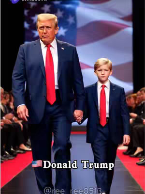 The image shows Donald Trump walking hand-in-hand with a younger boy, presumably his son, on a fashion runway. Both are dressed in suits and red ties. In the background, an American flag serves as the backdrop.