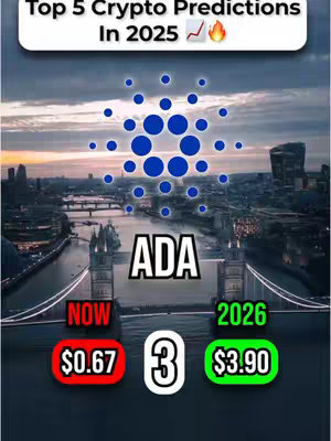 The cover image is an eye-level shot of a digital graphic. The top white banner has text "Top 5 Crypto Predictions In 2025". Below this is a clear blue circle with a blue dot pattern, the Cardano logo, above the text "ADA" in the center. Below this are red and green circles with white text. The red circle displays "NOW" then "$0.67" underneath and to the right the green circle says "2026", then "$3.90". A city image with trees and buildings fills the background. The sky is a dusky overcast.