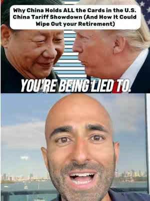 The cover image is a split composition. The top half features a side-by-side comparison of Xi Jinping and Donald Trump, each in suits. Below this, the text overlay reads, "YOU'RE BEING LIED TO." The bottom half of the image shows a man looking directly at the camera with an open mouth.