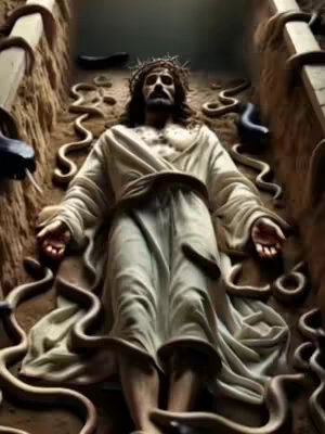 The image depicts Jesus lying down in a narrow, stone-walled space that resembles a grave or tomb. He's wearing a crown of thorns and a white robe with a draped cloth over his chest. The pose is of repose with arms spread open. Brown snakes are wrapped around and near to his body, also in a state of rest. The background is dark and the overall scheme is a muted brown with a mix of dark and light tones. The setting suggests a religious theme of resurrection and the triumph over death, with biblical themes.