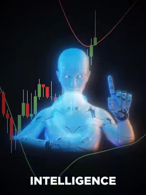 A 3D rendering of a futuristic robot with a blue, glowing appearance, pointing its finger upward. Behind the robot, there's a stock chart with red and green bars. The word 'INTELLIGENCE' is at the bottom.