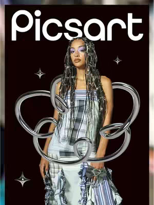 The image showcases a styled portrait of a woman against a dark background. The word "Picsart" is placed prominently at the top. The person has dark hair styled with silver braids. Their makeup is bold with purple eyeshadow. A large silver, looped illustration is overlaid on top. The overall composition uses a bold dark color scheme. There are some sparkly stars placed to complete the image.