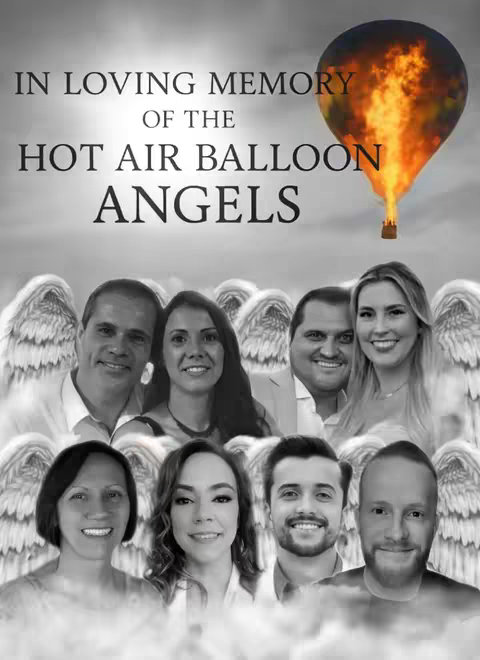 A black and white image featuring a memorial for the victims of a hot air balloon accident. The text overlay 'IN LOVING MEMORY OF THE HOT AIR BALLOON ANGELS' is at the top, positioned above a collection of individual pictures of people. Each individual appears to be a person with angel wings. A stylized image of a hot air balloon in flames sits in the upper right.