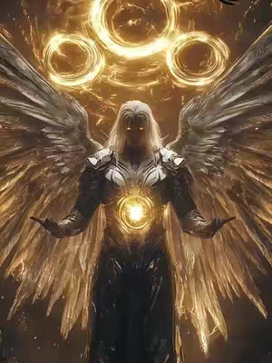 A digital illustration depicts a majestic figure with pronounced wings and a powerful aura. The central character appears to be an angel or similar celestial being, with long flowing white hair and a composed facial expression. The wings are expansive, detailed with layered feathers that fan out from the figure's back. Surrounding the figure are three glowing golden rings, adding to the ethereal atmosphere. The overall color scheme is dominated by warm tones of gold and subdued blacks, enhancing the mystical and dramatic feel of the image.
