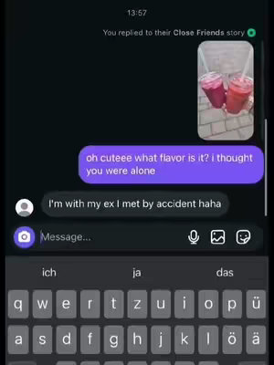 A phone screen displays a text conversation with a black theme. A conversation bubble shows a message about an ex, with a close-up photo of two drinks in colorful cups. The keyboard is visible at the bottom.