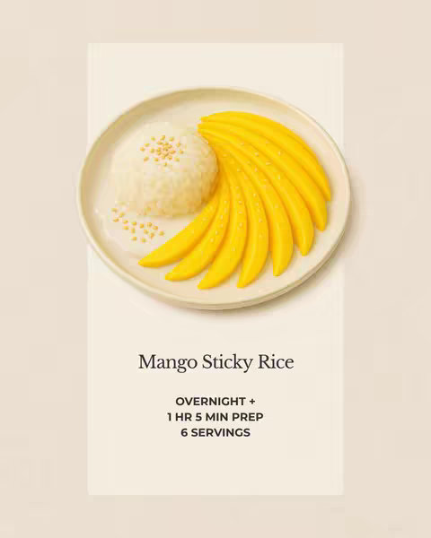 A top-down image of mango sticky rice on a white plate, set against a neutral, light-beige background. The rice is in a mound, sprinkled with sesame seeds, beside a fan of bright yellow mango slices. Below the plate, text indicates the dish’s title, prep time, and serving count.