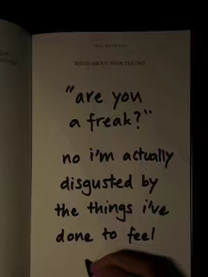 An open book page with text written on it. The text says, "Write about your trauma?" and "are you a freak?" and "no i'm actually disgusted by the things i've done to feel". The image has a warm, dark, and somber atmosphere.