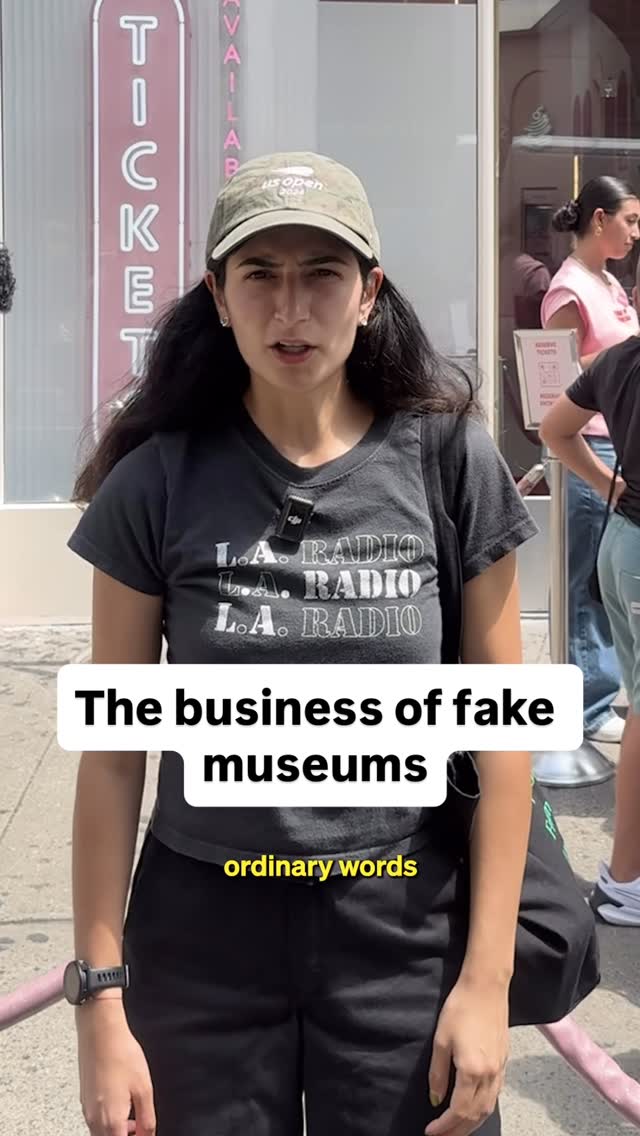 A woman stands in front of a ticket booth, wearing a cap and casual clothes. Text overlays read 'The business of fake museums' and 'ordinary words'.