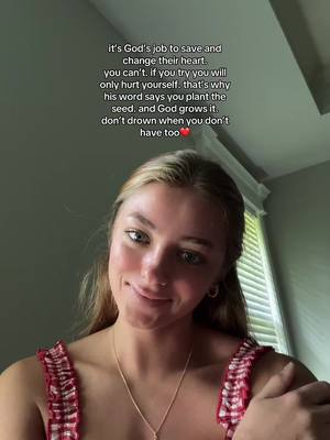 A selfie-style shot featuring a young woman with long blonde hair, a red and white checkered top, and a gold necklace. Text overlayed onto the image states a religious message about faith and change. The woman is looking at the camera with a slight smile.