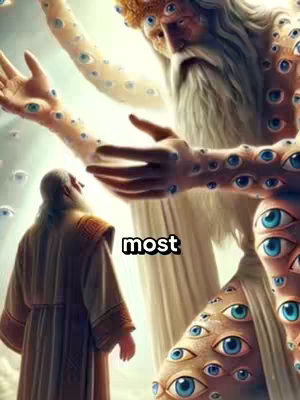 A digitally rendered image depicts a scene of religious or mythical significance. Two figures are prominently featured: a man with a beard and a robe turned away from the viewer and a large imposing figure with multiple eyes and a white beard. The setting is a soft, ethereal environment.