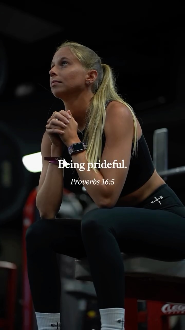 The cover image features a young woman with blonde hair in a ponytail, dressed in athletic wear, sitting on a bench in what appears to be a gym. She is looking upwards with her hands clasped together. The background is dark and slightly blurred, with gym equipment visible. Text overlay provides a religious message.