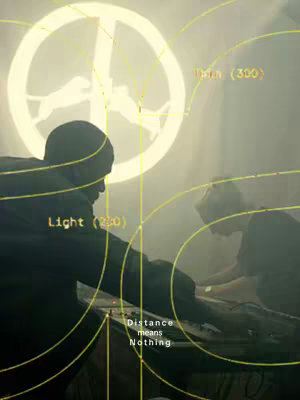 The cover image shows a dimly lit scene with two people appearing to work on a table or desk. Overlayed on the top is a glowing peace sign, a circular emblem containing a silhouette of a deer. The lighting appears to emanate from somewhere behind the emblem, which is surrounded by yellow curved lines. Light and distance indicators with numerical values are on the left. Text overlay is also set between the person on the left and the other person on the right.