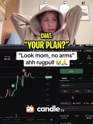 A vertical video cover image shows a young person wearing a hoodie with their hands behind their head, framed in the top half. Text overlays read "CHAT: 'YOUR PLAN?'" and "'Look mom, no arms' ahh rugpull 🙏". Below, a screen displays a cryptocurrency trading interface, showing market data and buy/sell options.