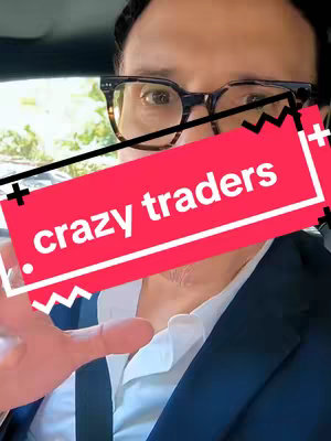 A man wearing glasses is shown close up, with a red overlaid banner at an upper angle bearing the white text "crazy traders."