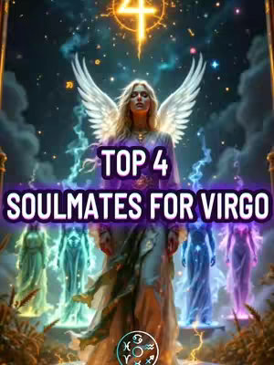 A fantasy-themed image with a backdrop of a starry night sky and clouds. An angel-winged woman stands prominently in the center, wearing a flowing gown. Behind her are several ethereal figures in flowing robes, likely representing zodiac signs, with glowing light effects. The text overlay states 'TOP 4 SOULMATES FOR VIRGO'.
