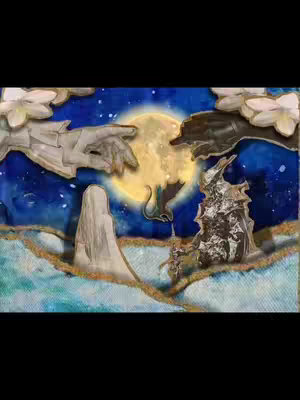 An artistic illustration featuring a stylized depiction of a scene under a starry night sky and moon, composed of various shapes and forms. In the foreground, there's a figure or element that seems to be a woman with a long dress with a dark blue color and a large moon behind her. Clouds and other elements add depth and texture to the composition.