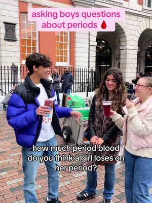 The image captures a street scene where a group of three people are in a conversation. A young man holding a clear cup and a woman facing him are the focus, and the other woman looks at them. Text overlays are used to explain the topic of the video.