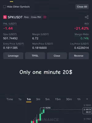 The cover image is a screenshot from a crypto trading platform, likely Binance, with financial data displayed. The top part shows the symbol SPKUSDT with the indicators like PNL (USDT), Size (USDT), Entry Price (USDT), Margin (USDT), Mark Price (USDT), ROI, Margin Ratio, and Liquidation Price (USDT). In the center, there is the text overlay. Below there is a candlestick chart, showing the price fluctuations of the SPKUSDT cryptocurrency. The color palette is dark and consists of green and red. The layout is organized around displaying trading information and the graph.
