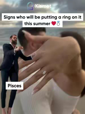 A cover image featuring a couple appearing to get engaged. The face of one person is hidden by the hand of another, showcasing a ring. In the background, a man in a suit looks towards them. Text overlays include the app logo and text about signs that will be getting engaged this summer and one zodiac sign.