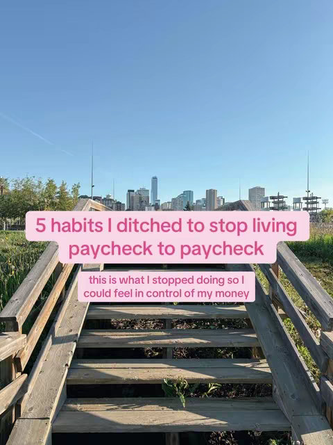 The image captures a wooden staircase leading upwards, with green foliage peeking through the gaps. In the background, there's a clear blue sky and a cityscape. Overlaying the image are pink text boxes containing text.