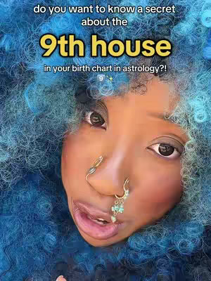 The cover image features a close-up of a person's face with blue curly hair surrounding the head. The person has a light skin tone, dark eyes, and a nose ring. Text overlays inform viewers that the video discusses 'the 9th house in astrology & a secret about it'.