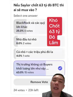 The image shows a screenshot with poll questions and a man speaking at the bottom. The main element is a poll asking, "Nếu Saylor chốt 63 tỷ đô BTC thì ai sẽ mua vào?" There are multiple-choice answers with vote counts. On the right is a red box containing the text "Khó Chốt 63 tỷ Đô Lắm". The man at the bottom appears to be making a commentary as well.