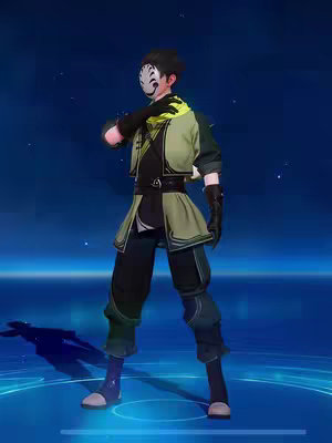 A character with a mask and stylized clothing stands against a blue background dotted with white sparkles. The figure is in a dynamic pose suggesting action or presentation.