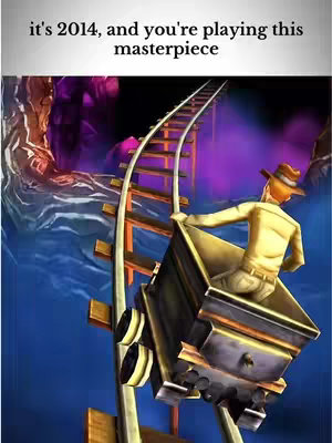 The image captures a dynamic scene of a roller coaster ride with a cartoonish illustration of a man in a carriage. The roller coaster track curves upwards against a backdrop of a cave with deep blue and purple hues implying depth through atmospheric perspective. The text overlay reads: 'it's 2014, and you're playing this masterpiece'.