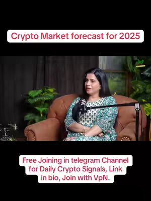 The cover image is a vertical screen capture. The top portion features white text on a red background: "Crypto Market forecast for 2025". Below, a woman with dark hair is seated in an armchair, speaking into a microphone. She wears a patterned top, and the background includes foliage and a dark panel. Text overlayed at the bottom says: "Free Joining in telegram Channel for Daily Crypto Signals, Link in bio, Join with VpN."
