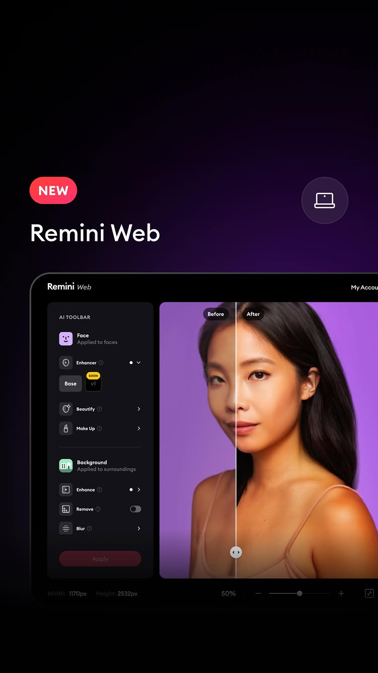 The cover image showcases a split-screen comparison within the Remini app interface. On the left, the app's AI toolbar is visible, featuring options for 'Face' enhancement, 'Enhancer,' and other editing tools. The right side displays a side-by-side view, with the 'Before' image on the left and the enhanced 'After' image on the right of a woman's face. Above, it says "Remini Web." The layout is clean, with a dark gradient background and the 'NEW' tag.