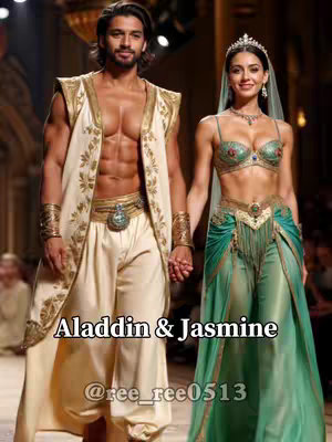 A cover image showcasing two figures dressed as the Disney characters Aladdin and Jasmine. The male figure, representing Aladdin, is fair-skinned with dark hair and is wearing a gold and white vest with open chest. The female figure, representing Jasmine, is also fair-skinned with dark hair, wearing a jeweled green top and green pants. They are holding hands and standing in a fashion show style setting. The background is blurred, focusing attention on the central figures.
