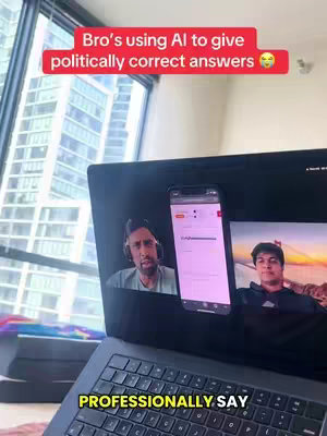 The image shows a laptop displaying a video call interface. Two video call windows are visible on the screen. A smartphone lying on top of the laptop displays a webpage.