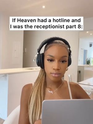 A young woman sits at a desk with a laptop and headset, looking directly at the camera with a neutral expression. Text overlays the image.