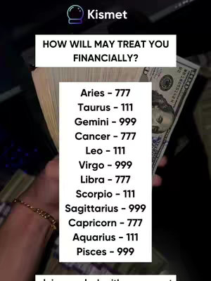 The image features a person's hand holding a stack of US dollar bills. A digital overlay displays text related to astrological signs and financial predictions, set against a dark background. The list includes zodiac signs and corresponding numerical values.