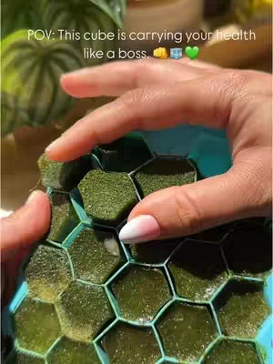 A close-up shot of hands holding a container filled with green ice cubes. A hand is touching the ice cubes. The ice cubes have a unique hexagonal shape and are green. The background is blurred, with a hint of foliage. The fingers have a half-moon ombre manicure. The image projects freshness.