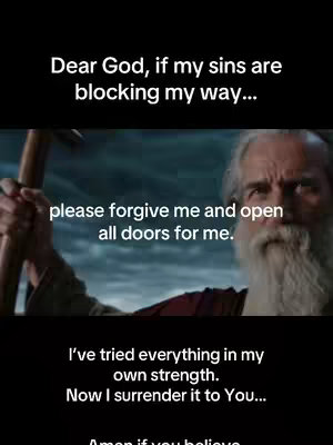 The image is divided into three main sections. The top section, set against a black background, contains white text asking a question to God. The middle section is a still from a movie, showing a man with a long white beard holding something that looks like a wooden handle. Below this, also against a black background appears more white text. The overall composition is simple and direct, likely intended to convey a message of faith and surrender.