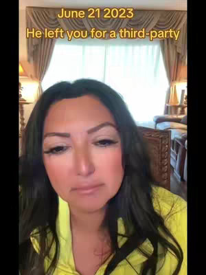 A woman with dark hair and a yellow shirt is the focal point of the image. Above her head, text reads, "June 21 2023" and "He left you for a third-party". She appears to be looking down and slightly to the side, conveying a sad or thoughtful expression. Decorative curtains and a glimpse of a room add a background to the shot.