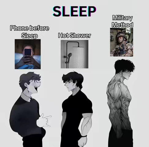 A graphic with a light gray background. At the top, the text reads "SLEEP" in a three-dimensional, blue-outlined font. Below this are images of different ways to improve sleep. There is an image of a person using a phone, labeled "Phone Before Sleep"; another image of a shower head, labeled "Hot Shower"; and a photo of a soldier, captioned "Military Method". Beneath these three images, there are three illustrations: a cartoon of a figure on left side, grinning widely and making the rock on sign with one hand, a second figure in the middle wearing a black shirt, and a muscular back and side view of a person with dark hair on the right.