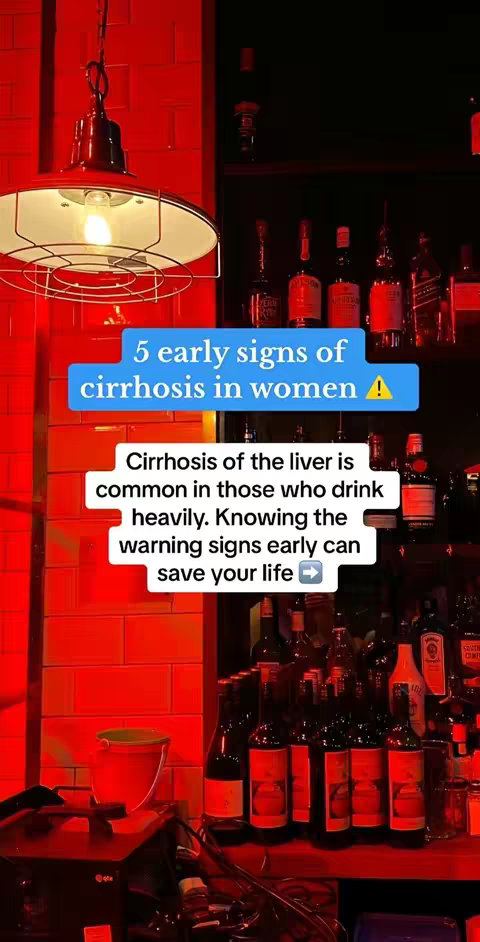 The video cover shows a dark bar scene with red ambient lighting. Text overlays in blue and white boxes provide key information about cirrhosis in women. The rest of the background is filled with bottles. A large light fixture hangs prominently from the top