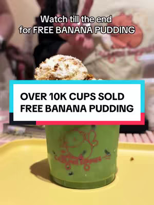 Image shows a layered composition. In the lower third, a green cup with a logo and some visible black specks sits on a yellow tray. Above this, a central portion displays promotional text over a red and blue background, overlaying the top of the cup. Above the text, a portion of a dessert (likely banana pudding) is visible, with a person in the background seemingly out of focus. The overall feel is informal