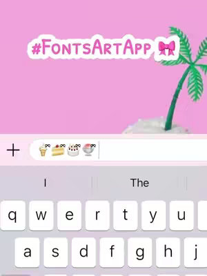 The image showcases a light pink background with a mobile phone interface at the bottom, displaying an on-screen keyboard and a text input area. Emoticons such as a cake, ice cream, and food. At the top sits the text overlay '#FontsArtApp' in a white box with a pink bow. To the right, a miniature illustration of a palm tree on an island. The overall composition is centered, with the keyboard and text area taking up the lower half and branding at the top.
