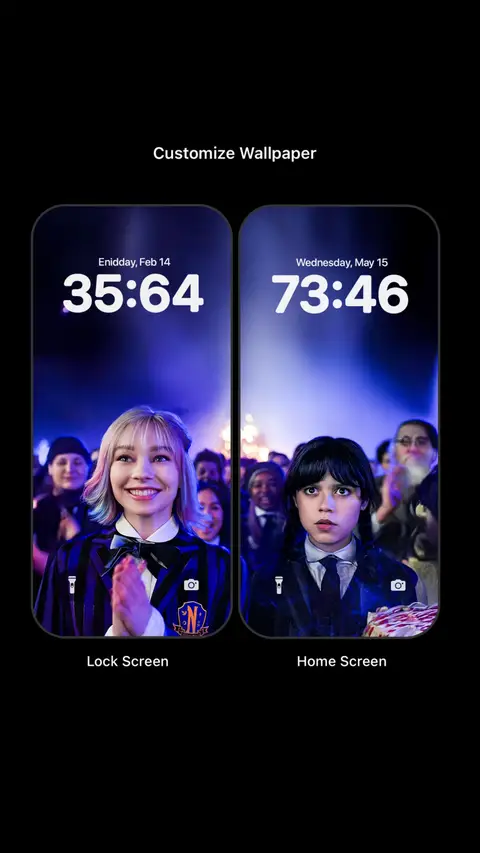 The image shows two side-by-side iPhone screens against a black background. The left screen displays a character with rainbow hair and the time "35:64". The right screen displays a character named Wednesday Addams and the time "73:46". Both characters are from the Wednesday Addams series.