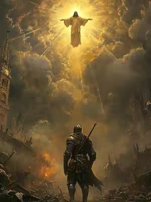 The image is a dramatic depiction featuring a figure in armor facing away from the viewer while looking towards a glowing figure of Jesus Christ in the sky, amidst dramatic clouds and sunlight. A ruined city is in the background.