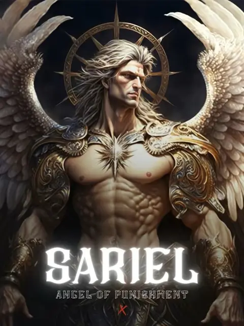 A digital illustration featuring a muscular, male angel figure with white wings, golden armor, and a halo. The angel has blond hair and a serious expression. Bold white text at the bottom reads "SARIEL ANGEL OF PUNISHMENT."